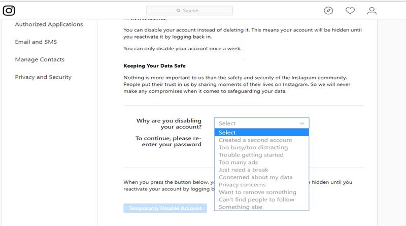 How to disable Instagram account