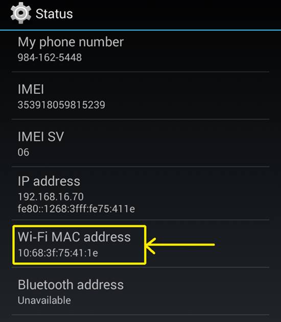 find the mac address on android