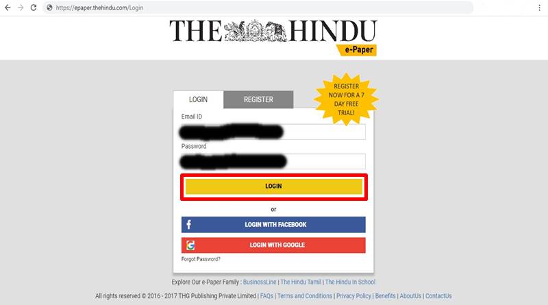 login to The Hindu epaper