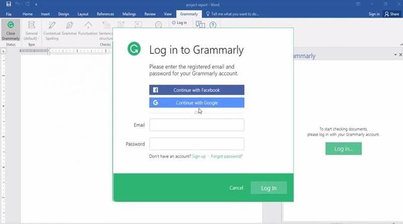 login to Grammarly in Word